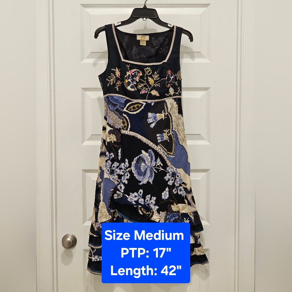 Vasna Desire Floral Embroidered Square Neckline Midi Dress, EUC, Size Medium
